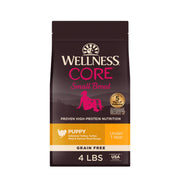 Wellness front packaging montrant recette pour chiot petite race et bénéfice nutritionnel