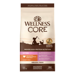 Wellness CORE Kitten face avant du sac montrant ingrédients naturels et bénéfices