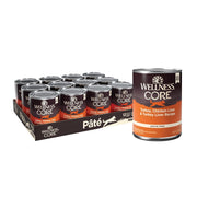 Wellness CORE pâté face de la boîte montrant la recette dinde et poulet et l'avantage protéique