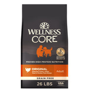 Wellness sac 26 lb vue de face montrant le packaging et la recette dinde et poulet bénéfice praticité