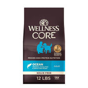 Wellness CORE sac avant montrant la recette Ocean Whitefish et bénéfices nutritionnels