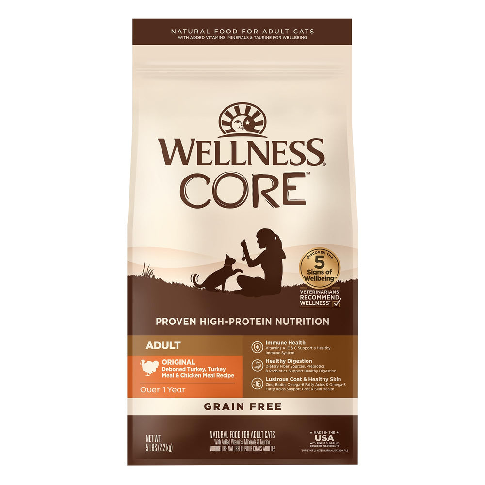 Wellness CORE sac avant montrant la recette dinde et poulet et bénéfice nutritionnel