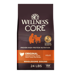 Wellness CORE sachet avant montrant la recette dinde et poulet et bénéfice nutritionnel