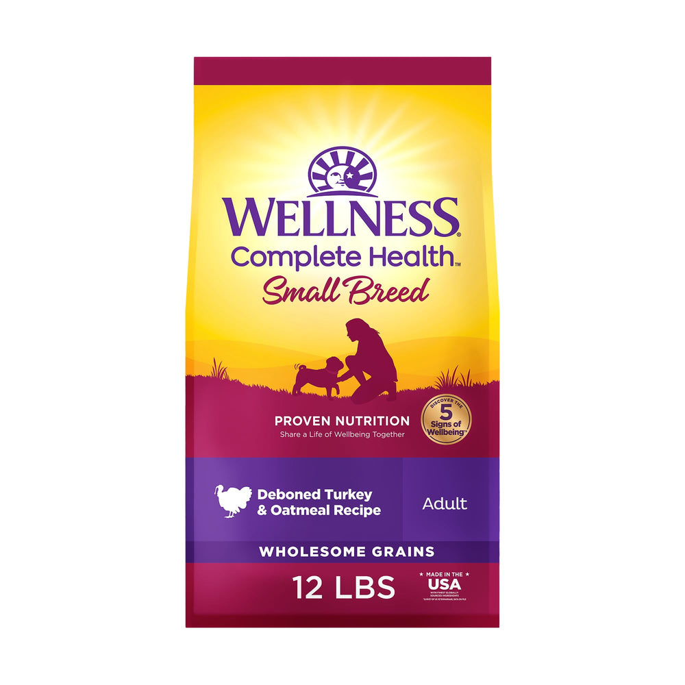 Wellness emballage avant montrant recette dinde et avoine et bénéfice nutritionnel