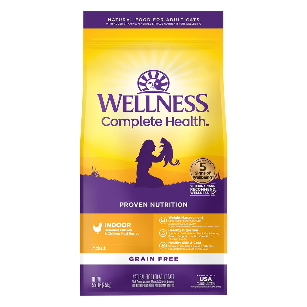 Wellness emballage avant 5,5 lb montrant la recette poulet et bénéfice nutritionnel