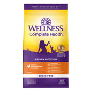 Wellness emballage avant poulet montrant la formule sans céréales et bénéfice nutritionnel