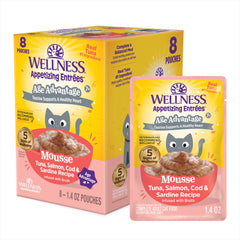 Wellness emballage frontal montrant sachets et variétés pour appétit senior