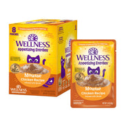 Wellness mousse poulet packaging avant montrant sachets pratiques et bénéfice nutritionnel