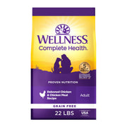 Wellness paquet devant poulet 22 lb montrant emballage pratique et nutrition complète