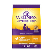 Wellness paquet 15 lb devant montrant l'emballage et bénéfice alimentation complète