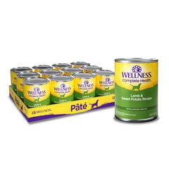 Wellness pâté agneau face de la boîte montrant l'étiquette et bénéfice nutritionnel