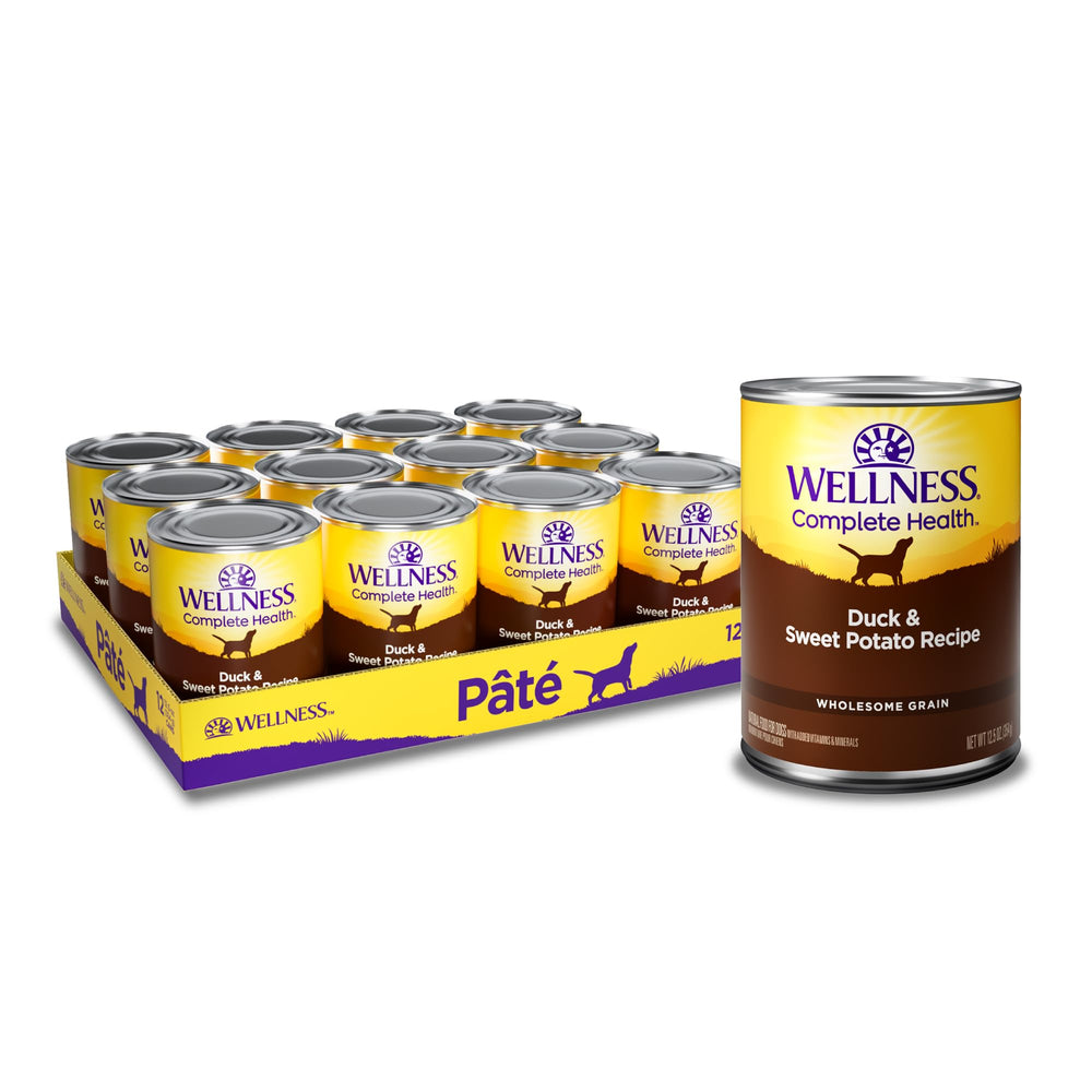 Wellness pâté canard vue avant de la boîte montrant l’étiquette claire et bénéfice nutritionnel
