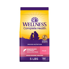 Wellness sac face avant montrant recette saumon et riz bénéfice nutritionnel