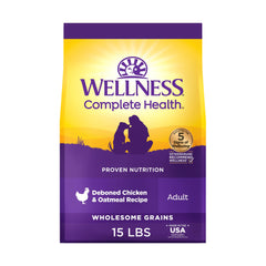 Wellness sachet 15lb affichant la marque et ingrédients pour conservation optimale