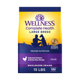 Wellness sac devant montrant la recette poulet et riz brun, nutrition complète
