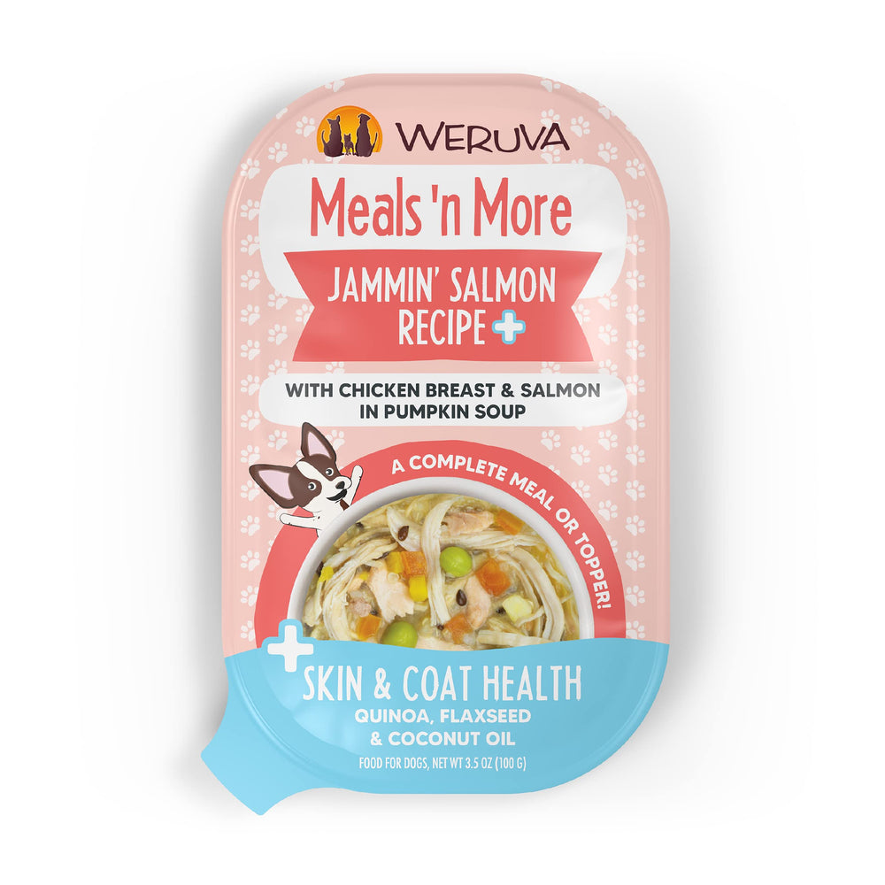 Weruva emballage face Jammin' Salmon montrant l'étiquette, rassure sur la qualité