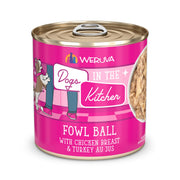 Weruva boîte Fowl Ball vue de face, présente une alimentation appétente