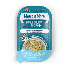 Weruva emballage avant montrant la recette Funky Chunky et bénéfice pelage