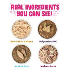 Weruva gros plan poulet visible dans la recette Paw Lickin’ Chicken, apparence naturelle