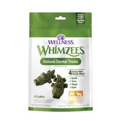 Whimzees Alligator paquet devant montrant la marque et bénéfice fraîcheur
