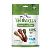 Whimzees emballage avant montrant le produit et l'usage quotidien bénéfique