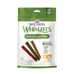 Whimzees emballage avant montrant format 14 bâtonnets et bénéfice hygiène
