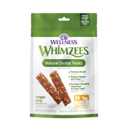 Whimzees emballage avant montrant la taille et l’usage bénéfique
