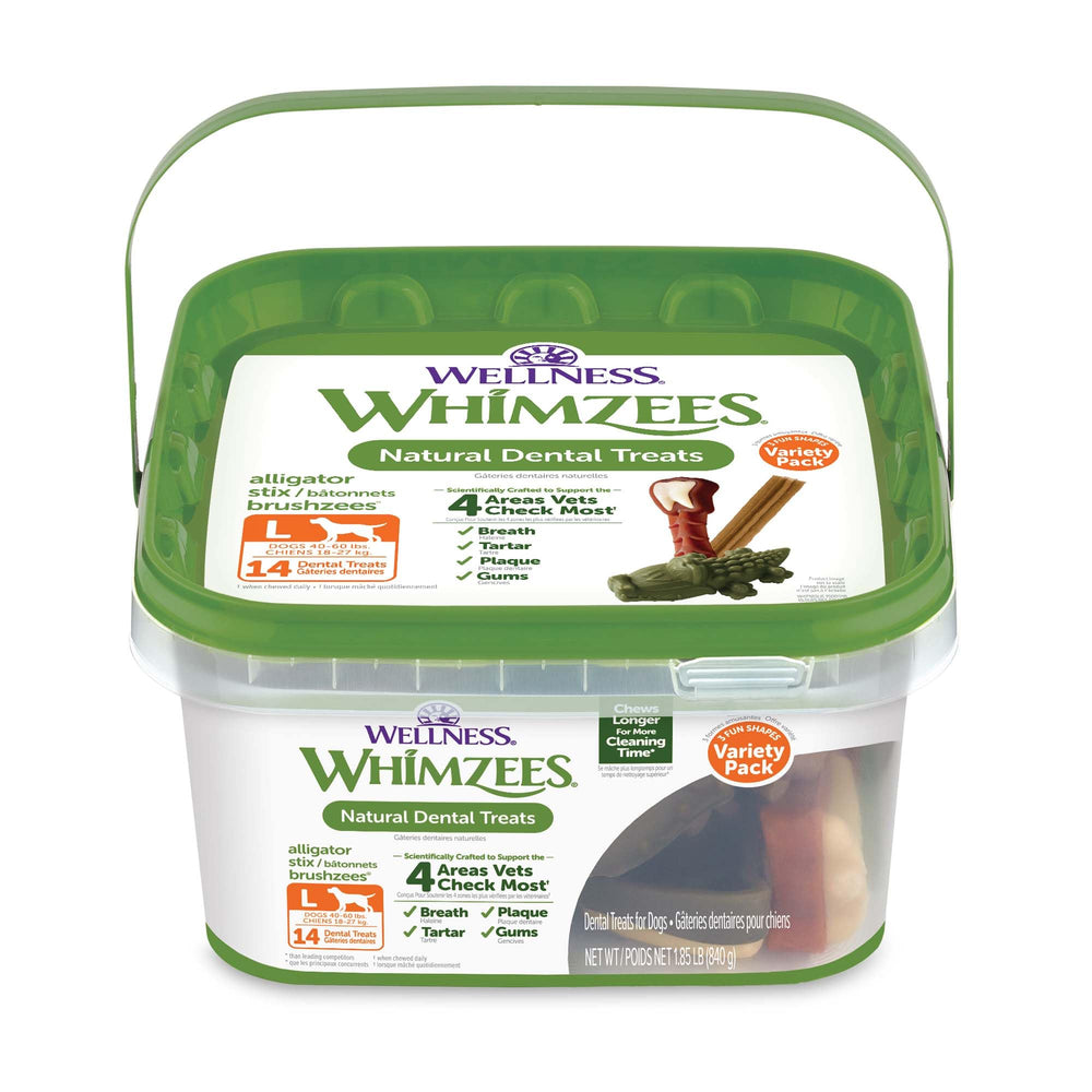 Whimzees packaging avant montrant la boîte valeur et bénéfice dentaire