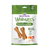 Whimzees emballage avant montrant format large et avantages dentaires