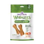 Whimzees emballage avant montrant format large et avantages dentaires