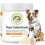 Wholistic Pet Organics pot de colostrum face montrant l'étiquette claire et bénéfice qualité