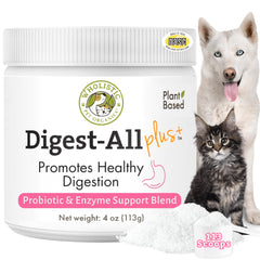 Wholistic Pet Organics emballage avant montrant probiotiques et usage pratique