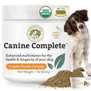 Wholistic Pet Organics pot et étiquette montrant la formule bio bénéfique