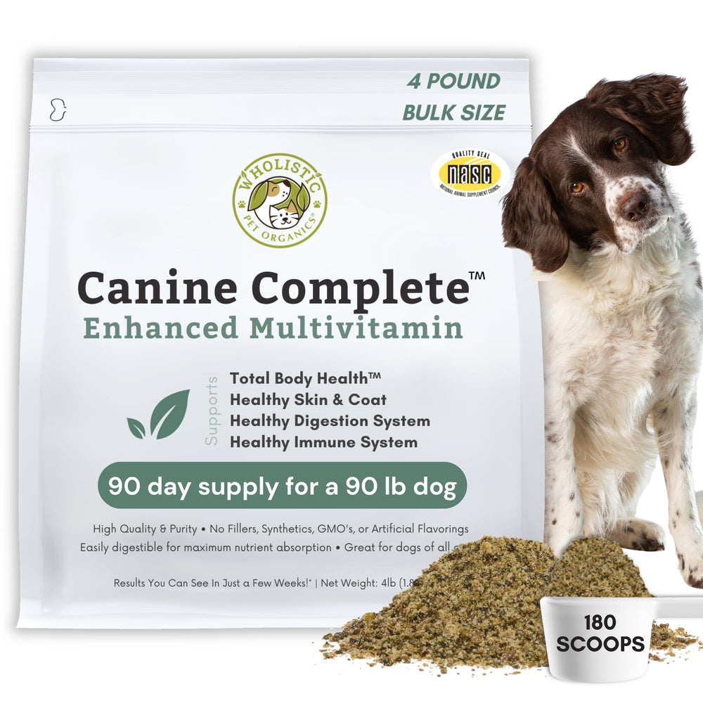 Wholistic Pet Organics pot face montrant taille et label, rassure qualité