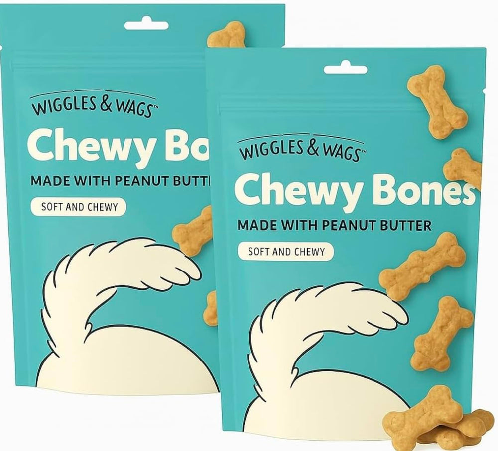 Wiggles & Wags face avant de l'emballage montrant le visuel du produit et la praticité