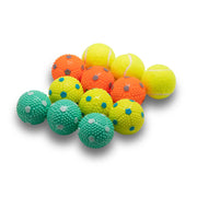 WIGGLYTAIL packaging avant montrant 12 balles pour petits chiens, présence pratique
