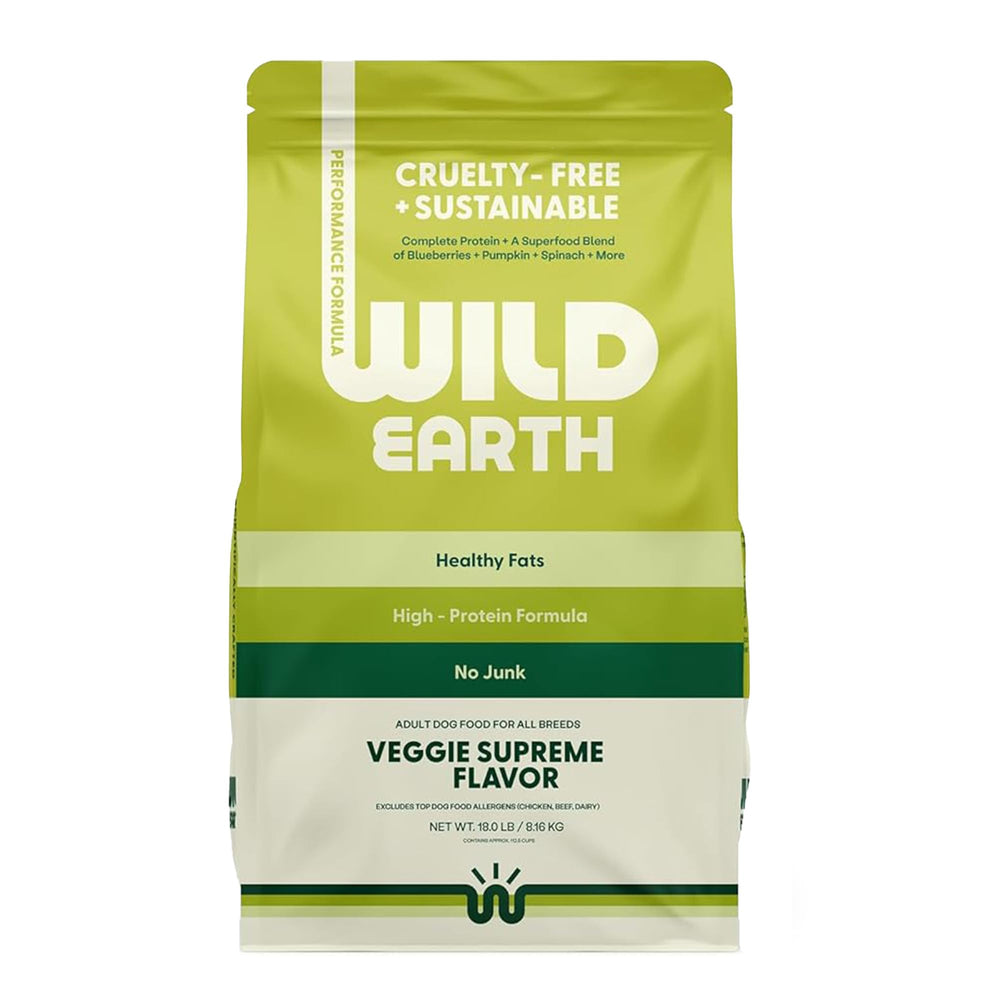 Wild Earth vue du paquet avant montrant format 18 lb et avantages nutritifs
