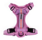 Wilderdog harnais large lilas devant emballage montrant un look prêt à l'aventure et utile