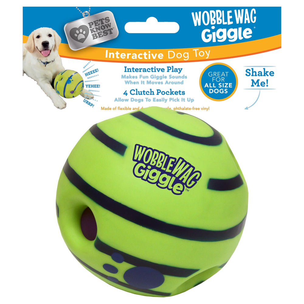 Wobble Wag Giggle balle avant montrant packaging et intérêt ludique