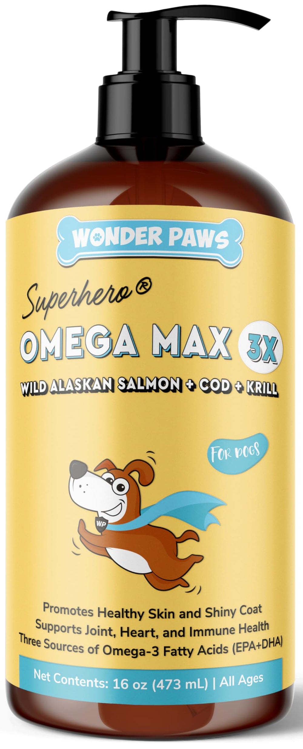 Wonder Paws bouteille 16 oz montrant le flacon et l'étiquette pour dosage facile