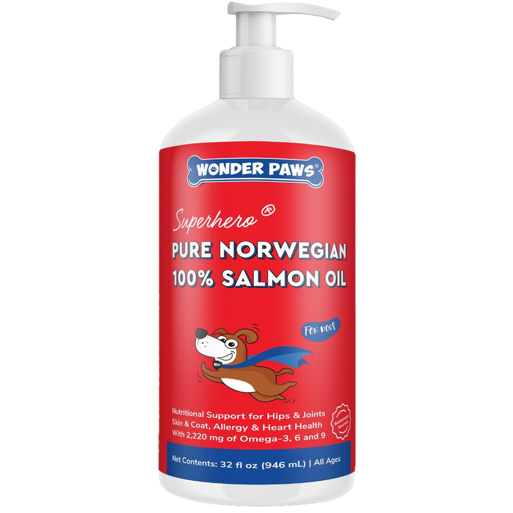 WONDER PAWS emballage avant de l'huile de saumon montrant qualité et étiquette claire