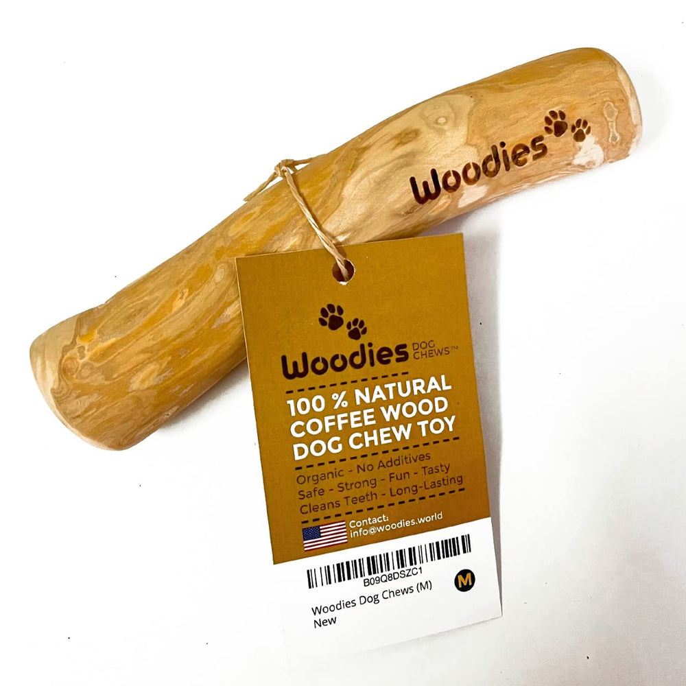 Woodies Dog Chews emballage avant montrant durabilité et sécurité