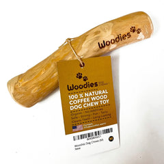 Woodies Dog Chews emballage avant montrant durabilité et sécurité