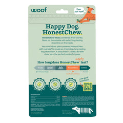 WOOF HonestChew Antler chien qui mâche sur terrasse, favorisant occupation et plaisir
