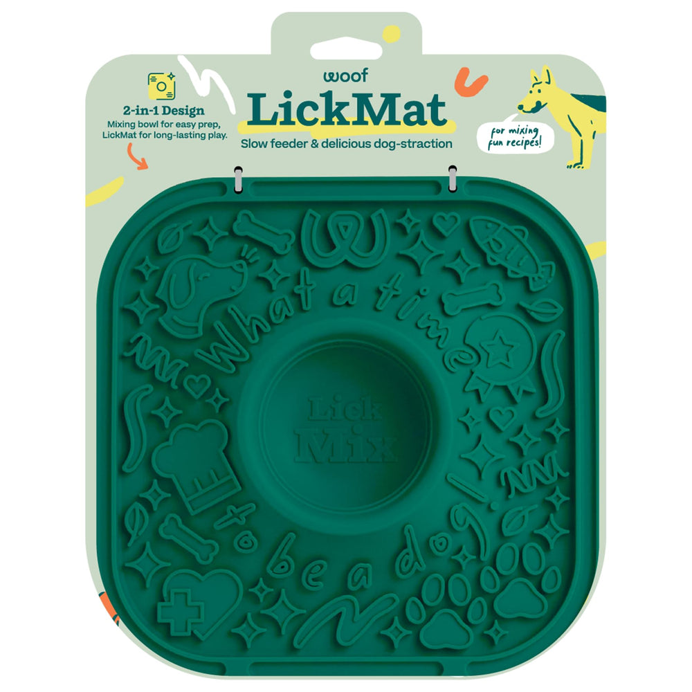 WOOF tapis léchable face avant montrant design vert et bénéfice occupation