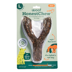 WOOF emballage frontal du Meaty Y-Gnawt montrant l'aspect appétant