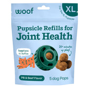 WOOF recharge Pupsicle face du paquet montrant format extra large et bénéfice jeu prolongé
