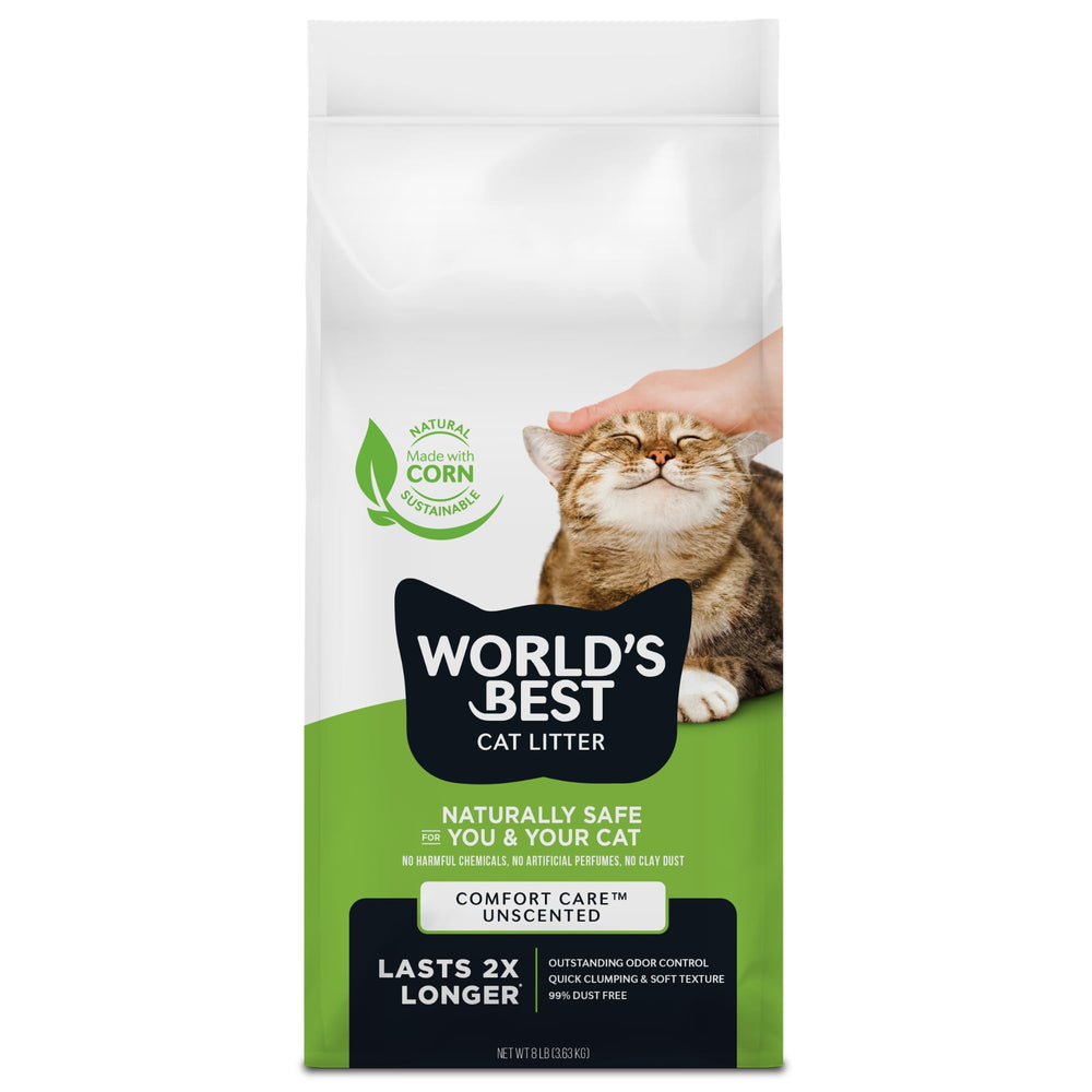 World's Best Cat Litter emballage avant montrant un sac pratique et durable