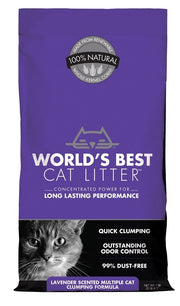 World's Best Cat Litter emballage devant montrant le parfum lavande et bénéfice contrôle d'odeurs