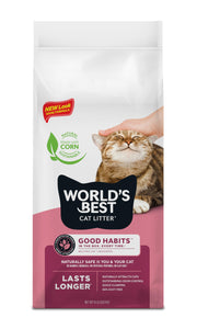 World's Best Cat Litter emballage face montrant le sac et l'information produit aidant au choix
